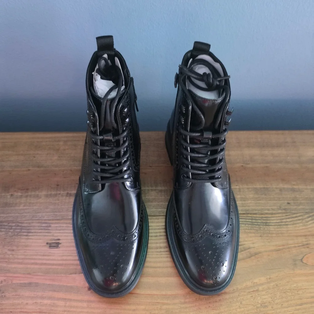 Vince Camuto Mens Jaycob Wingtip Boots Black Leather Lace Up Side Zip 8M